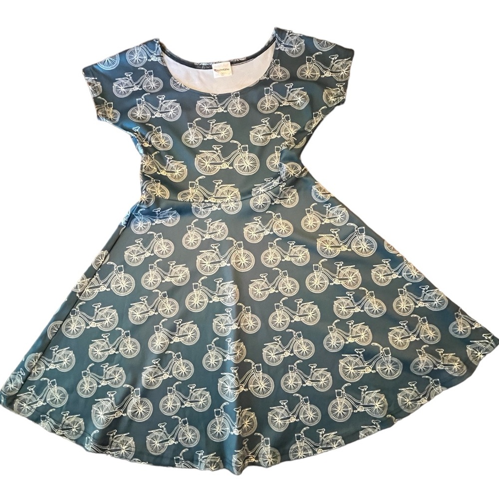 CowCow Women’s Dress in Dark Teal and White with Bicycles Size Medium.